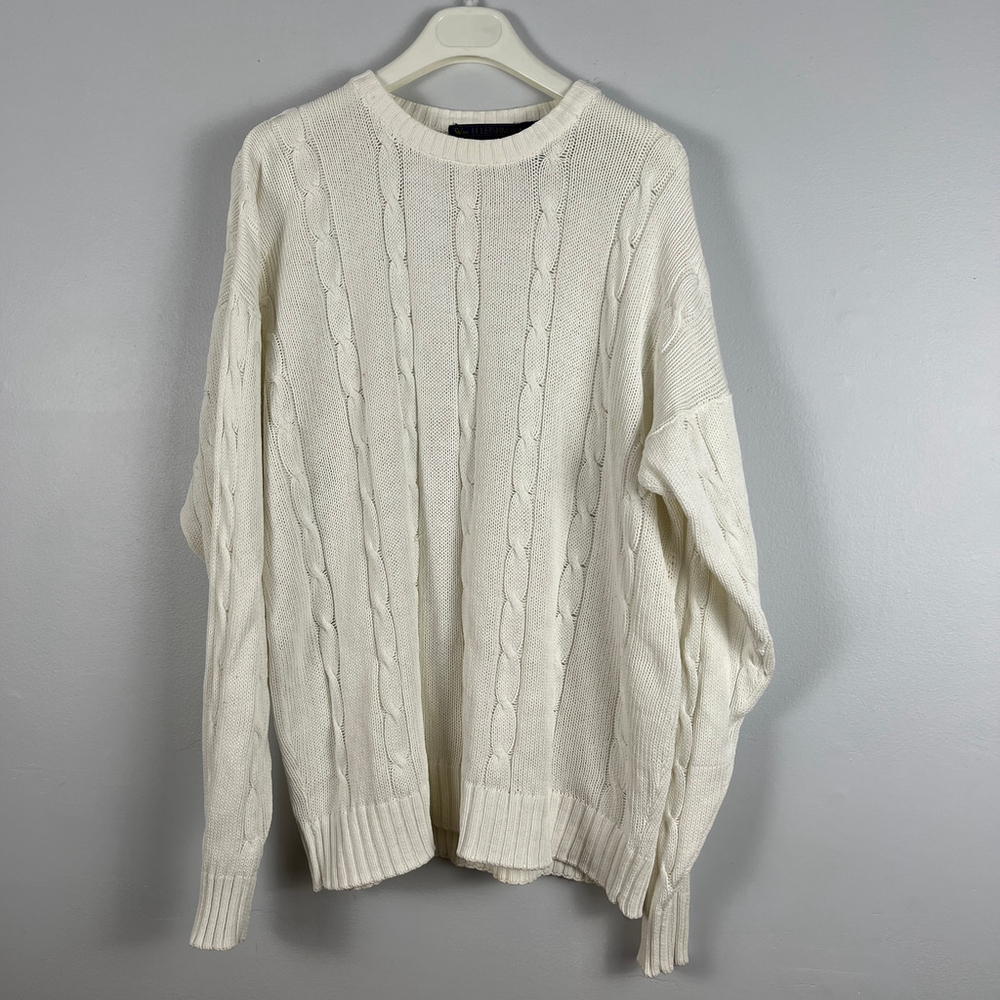 Vintage Wm. H. Leishman men cable knit cotton crew neck sweater white size M